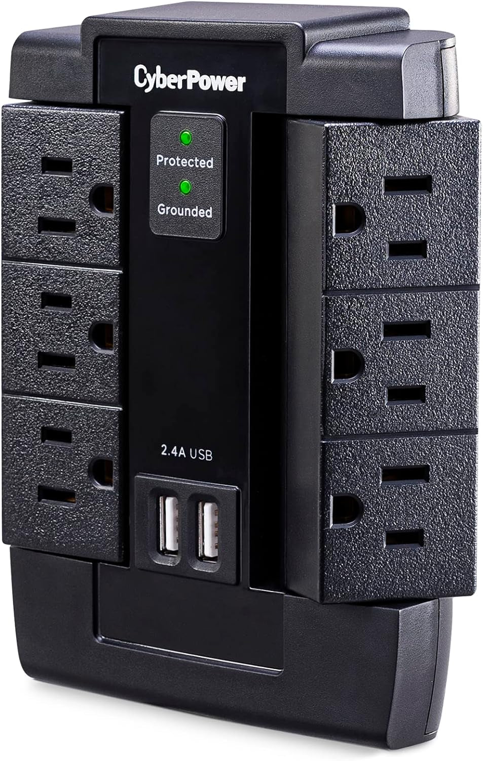 CSP600WSU Surge Protector, 1200J/125V, 6 Swivel Outlets, 2 USB Charging Ports, Wall Tap Design, Black