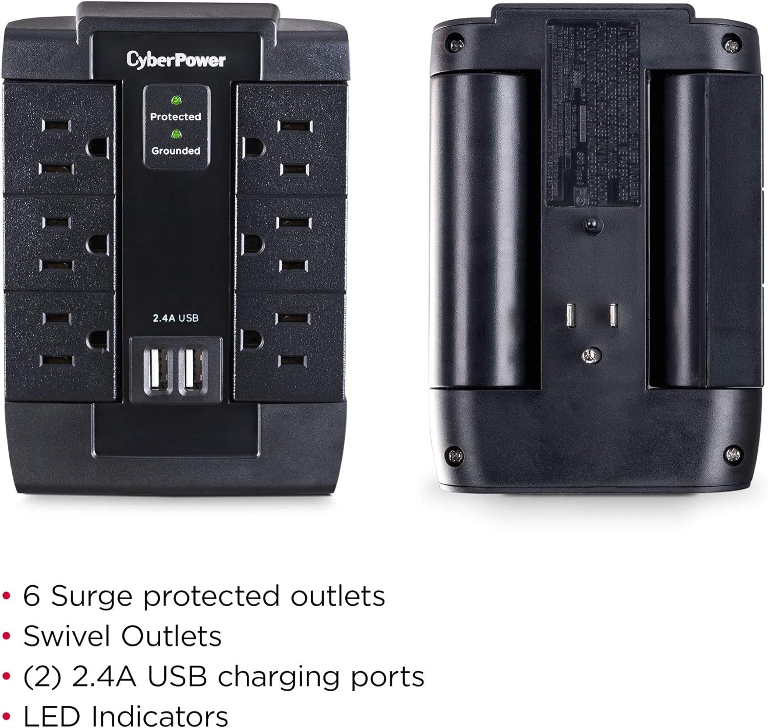 CSP600WSU Surge Protector, 1200J/125V, 6 Swivel Outlets, 2 USB Charging Ports, Wall Tap Design, Black